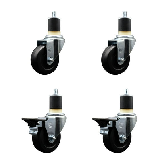 3.5 Inch Hard Rubber Wheel Swivel 1-7/8 Inch Expand Stem Caster Set 2 Brakes SCC