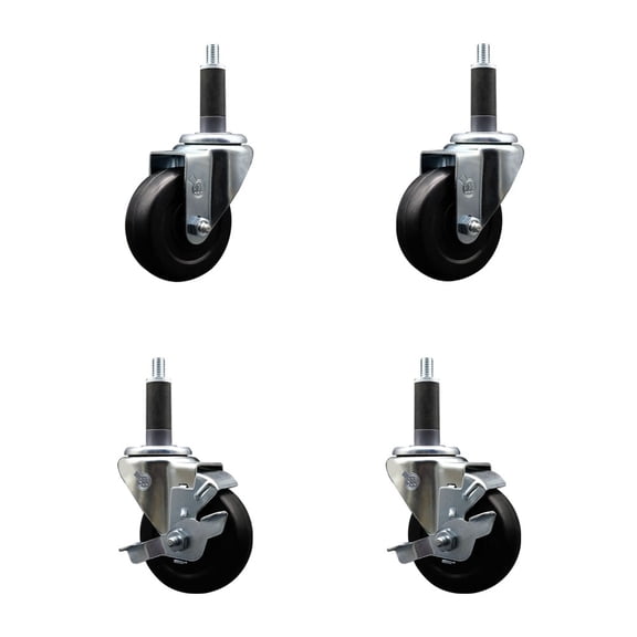 3.5 Inch Hard Rubber Wheel Swivel 1 Inch Expand Stem Caster Set 2 Brakes SCC