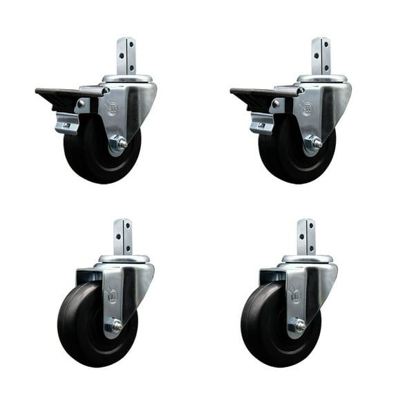 3.5 Inch Hard Rubber Wheel Swivel 3/4 Inch Square Stem Caster Set 2 Brakes SCC