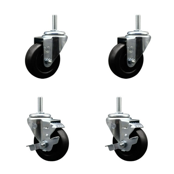 3.5 Inch Hard Rubber Wheel Swivel 3/4 Inch Threaded Stem Caster Set 2 Brakes SCC