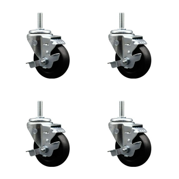 3.5 Inch Hard Rubber Wheel Swivel 3/4 Inch Threaded Stem Caster Set with Brake