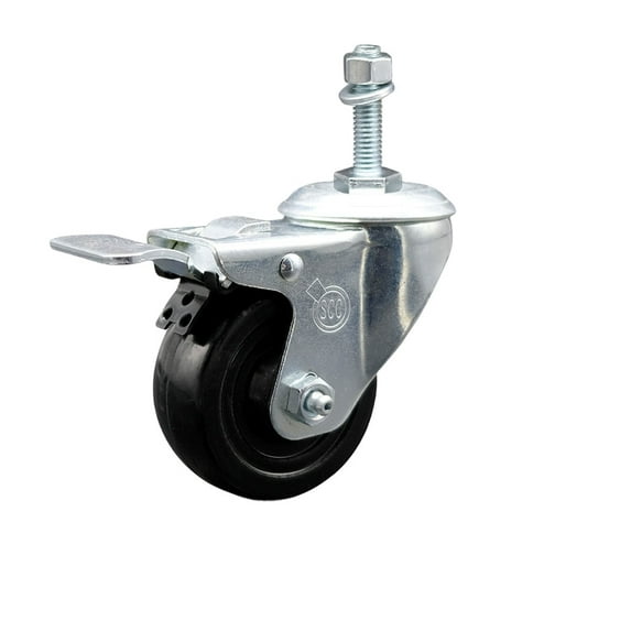 3.5 Inch Hard Rubber Wheel Swivel 3/8 Inch Threaded Stem Caster Total Lock Brake