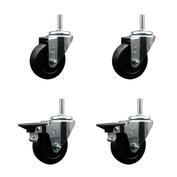 3.5 Inch Hard Rubber Wheel Swivel 5/8 Inch Threaded Stem Caster Set 2 Brakes SCC
