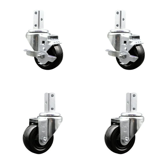 3.5 Inch Hard Rubber Wheel Swivel 7/8 Inch Square Stem Caster Set 2 Brakes SCC
