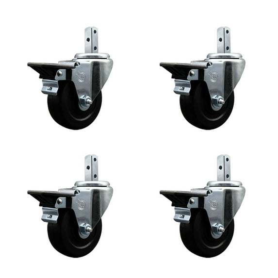 3.5 Inch Hard Rubber Wheel Swivel 7/8 Inch Square Stem Caster Set with Brake SCC
