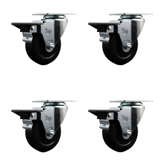 3.5 Inch Hard Rubber Wheel Swivel Top Plate Caster Set Posi Brake Service Caster