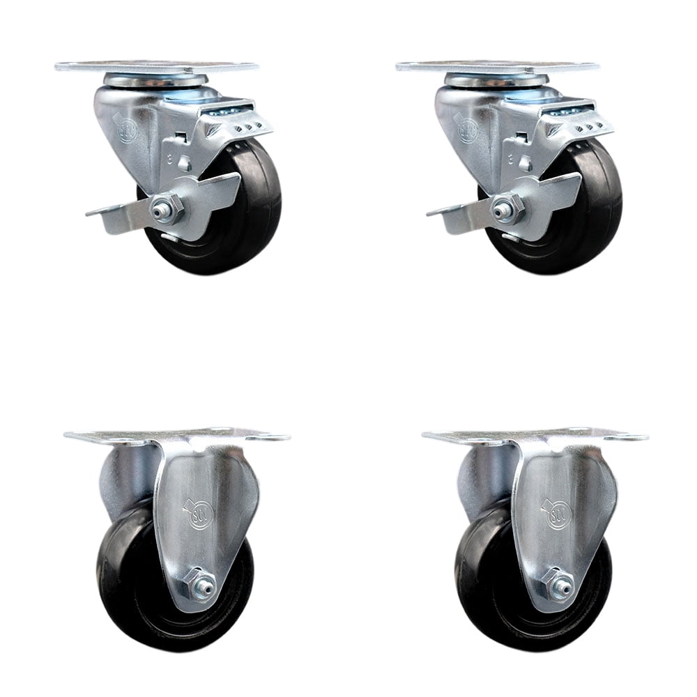 3.5 Inch Hard Rubber Wheel Swivel Top Plate Caster Set with 2 Brake 2 ...