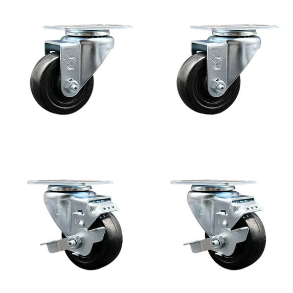 3.5 Inch Hard Rubber Wheel Swivel Top Plate Caster Set with 2 Brakes SCC