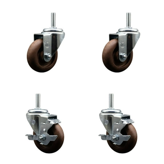 3.5 Inch High Temp Glass Filled Nylon 5/8 Inch Threaded Stem Caster Set 2 Brakes
