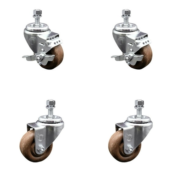 3.5 Inch High Temp Glass Filled Nylon ½ Inch Threaded Stem Caster Set 2 Brakes
