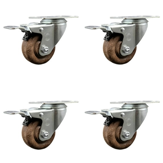 3.5 Inch High Temp Glass Filled Nylon Top Plate Caster Set with Total Lock Brake