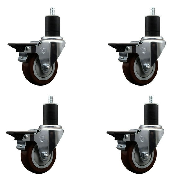3.5 Inch Maroon Poly Swivel 1-3/4 Inch Expanding Stem Caster Set with Brake SCC