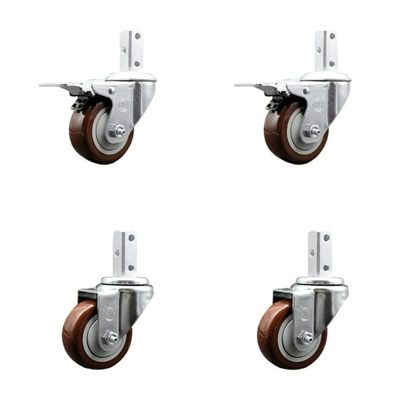 3.5 Inch Maroon Poly Swivel 3/4 Inch Square Stem Caster Set 2 Total Lock Brakes