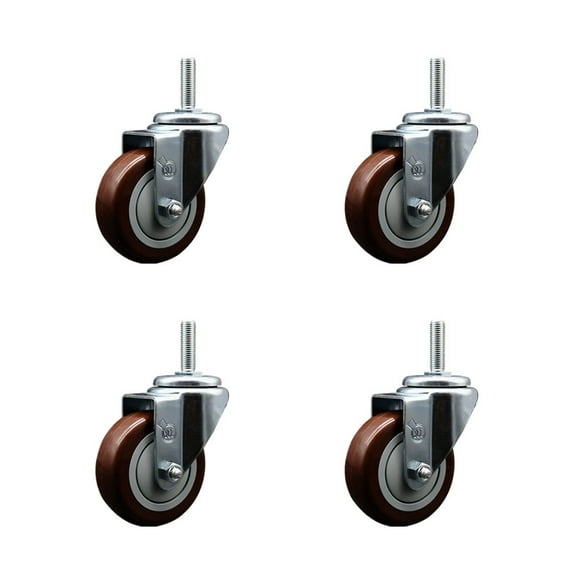 3.5 Inch Maroon Poly Wheel Swivel 3/4 Inch Threaded Stem Caster Set SCC