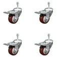 thumbnail image 1 of 3.5 Inch Maroon Polyurethane Swivel 10mm Stem Caster Set Total Lock Brake, 1 of 2
