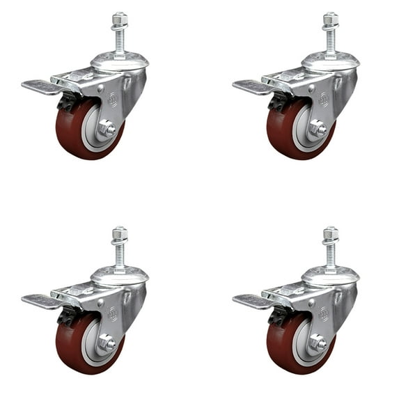 3.5 Inch Maroon Polyurethane Swivel 10mm Stem Caster Set Total Lock Brake
