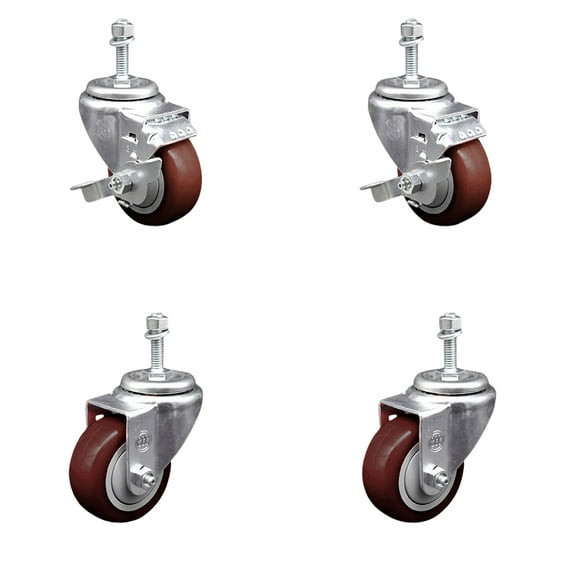 3.5 Inch Maroon Polyurethane Swivel 3/8 Inch Threaded Stem Caster Set 2 Brakes