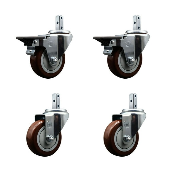 3.5 Inch Maroon Polyurethane Swivel 7/8 Inch Square Stem Caster Set 2 Brakes SCC