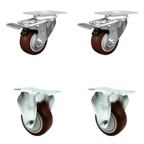 3.5 Inch Maroon Polyurethane Swivel Top Plate Caster Set 2 Lock Brake 2 Rigid