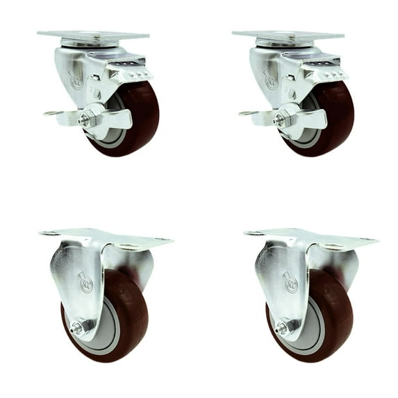 3.5 Inch Maroon Polyurethane Swivel Top Plate Caster Set with 2 Brake 2 Rigid