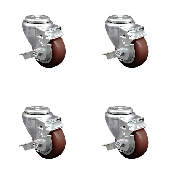 3.5 Inch Maroon Polyurethane Wheel Swivel Bolt Hole Caster Set with Brake SCC