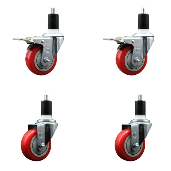 3.5 Inch Red Poly Swivel 1-1/2 Inch Expanding Stem Caster Set 2 Brakes