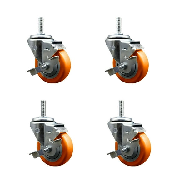3.5 Inch Orange Poly Wheel Swivel 3/4 Inch Threaded Stem Caster Set with Brake