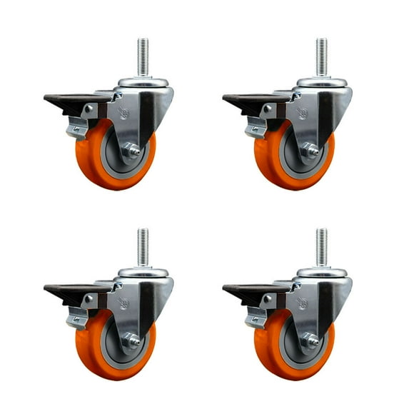 3.5 Inch Orange Poly Wheel Swivel 5/8 Inch Threaded Stem Caster Set with Brake