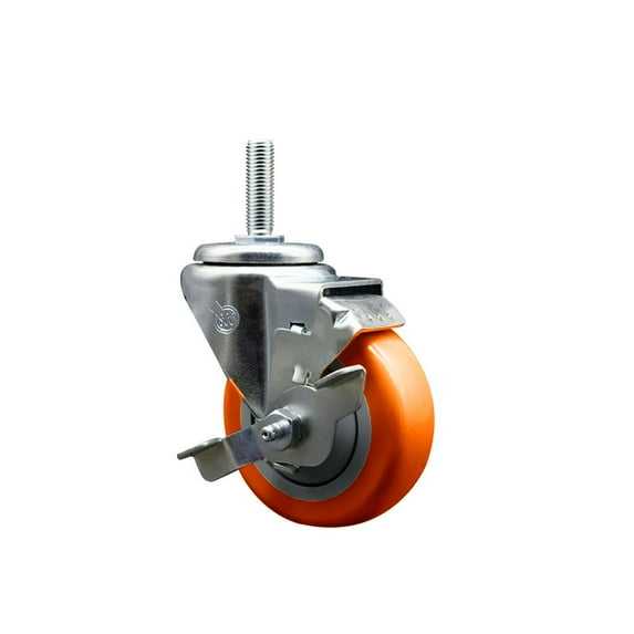 3.5 Inch Orange Poly Wheel Swivel 5/8 Inch Threaded Stem Caster with Brake