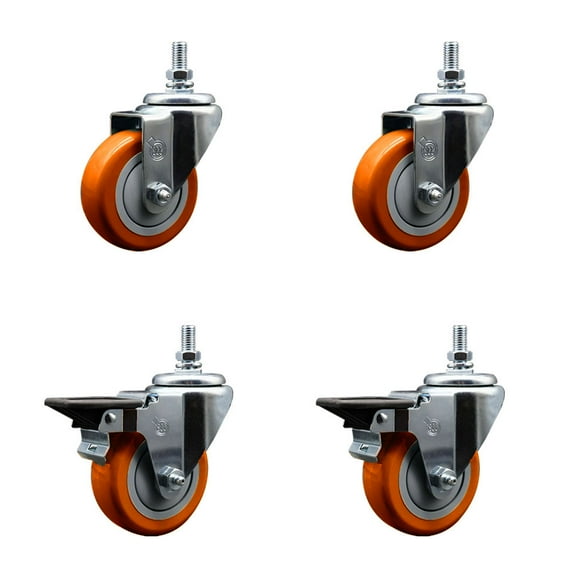 3.5 Inch Orange Polyurethane 10MM Threaded Stem Caster Set 2 Brakes SCC