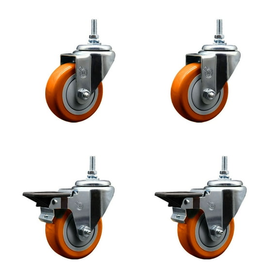 3.5 Inch Orange Polyurethane 12MM Threaded Stem Caster Set 2 Brakes SCC