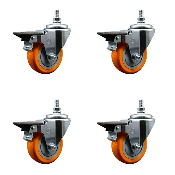 3.5 Inch Orange Polyurethane ½ Inch Threaded Stem Caster Set with Brake