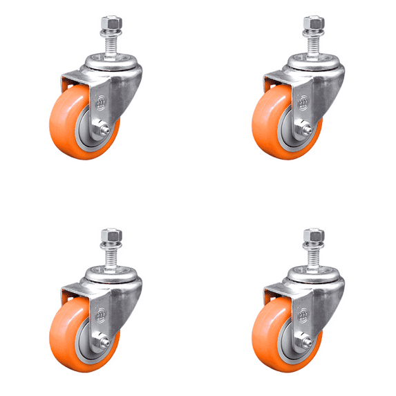 3.5 Inch Orange Polyurethane Wheel Swivel 12mm Threaded Stem Caster Set SCC