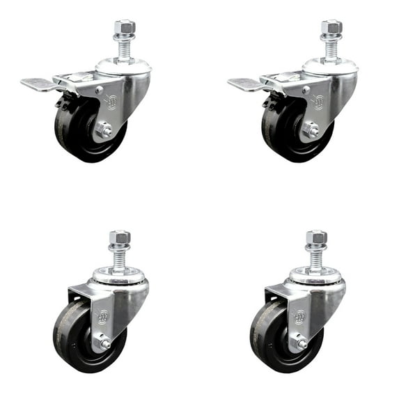 3.5 Inch Phenolic Swivel 12mm Threaded Stem Caster Set 2 Total Lock Brake