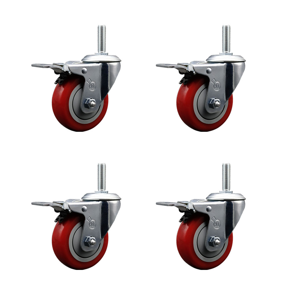 3.5 Inch Red Poly Swivel 5/8 Inch Threaded Stem Caster Set with Total Lock Brake