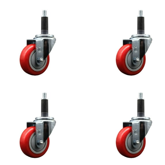 3.5 Inch Red Poly Wheel Swivel 1 Inch Expanding Stem Caster Set SCC