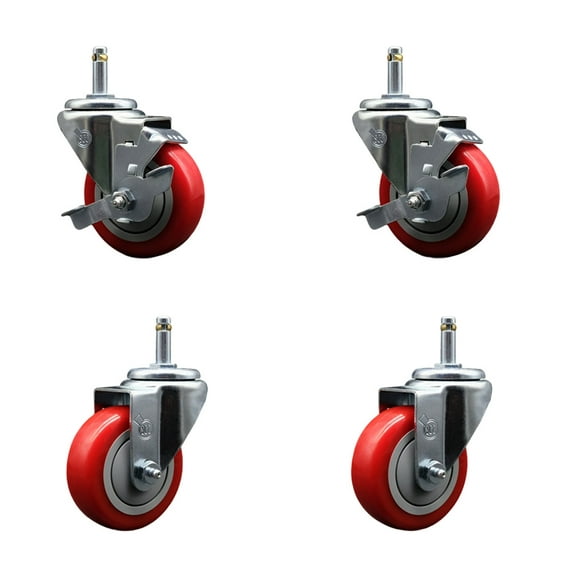 3.5 Inch Red Poly Wheel Swivel 7/16 Inch Grip Ring Stem Caster Set 2 Brakes