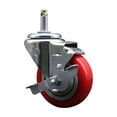 thumbnail image 1 of 3.5 Inch Red Poly Wheel Swivel 7/16 Inch Grip Ring Stem Caster with Brake, 1 of 2