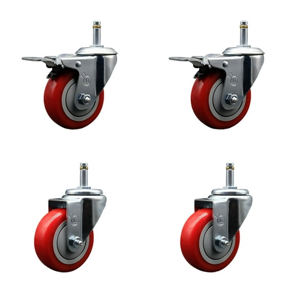 3.5 Inch Red Poly Wheel Swivel 7/16 Inch Stem Caster Set 2 Total Lock Brake
