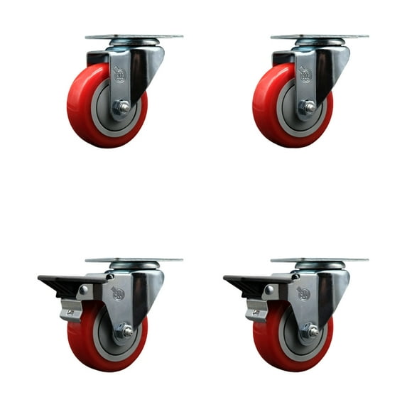 3.5 Inch Red Poly Wheel Swivel Top Plate Caster Set with 2 Posi Brakes SCC