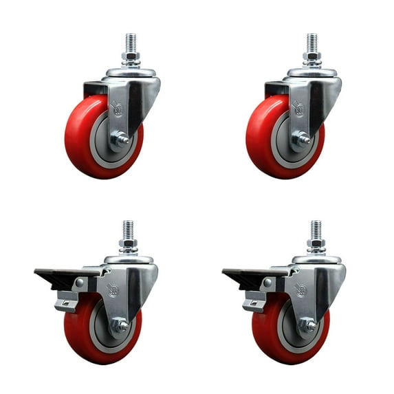 3.5 Inch Red Polyurethane 10MM Threaded Stem Caster Set 2 Brakes SCC