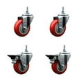 thumbnail image 1 of 3.5 Inch Red Polyurethane 3/8 Inch Threaded Stem Caster Set 2 Brakes SCC, 1 of 2