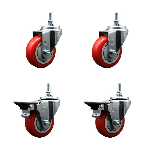 3.5 Inch Red Polyurethane 3/8 Inch Threaded Stem Caster Set 2 Brakes SCC