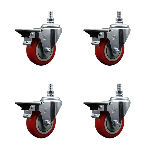 3.5 Inch Red Polyurethane ½ Inch Threaded Stem Caster Set with Brake