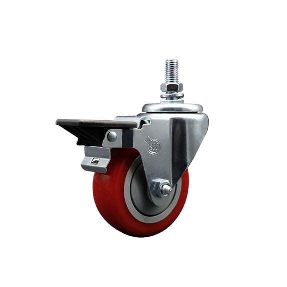 3.5 Inch Red Polyurethane ½ Inch Threaded Stem Caster with Brake