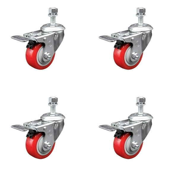 3.5 Inch Red Polyurethane Swivel 12mm Stem Caster Set Total Lock Brake SCC