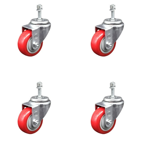 3.5 Inch Red Polyurethane Wheel Swivel 10mm Threaded Stem Caster Set SCC