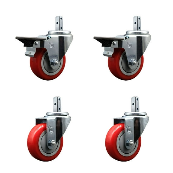 3.5 Inch Red Polyurethane Wheel Swivel 7/8 Inch Square Stem Caster Set 2 Brake