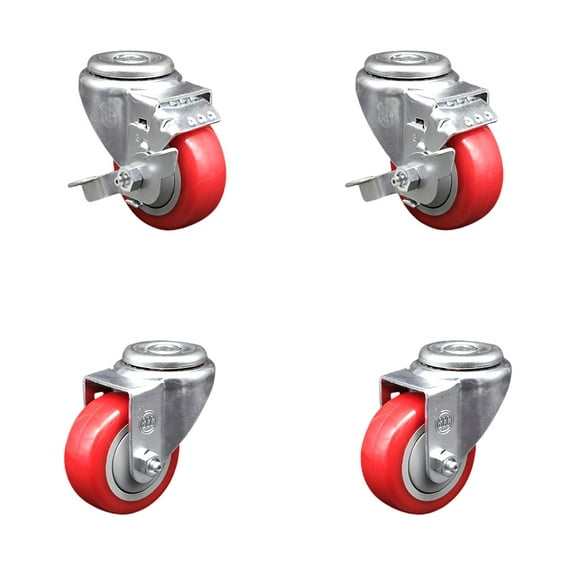 3.5 Inch Red Polyurethane Wheel Swivel Bolt Hole Caster Set with 2 Brake SCC