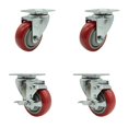 thumbnail image 1 of 3.5 Inch SS Red Polyurethane Swivel Top Plate Caster Set with 2 Brakes SCC, 1 of 2